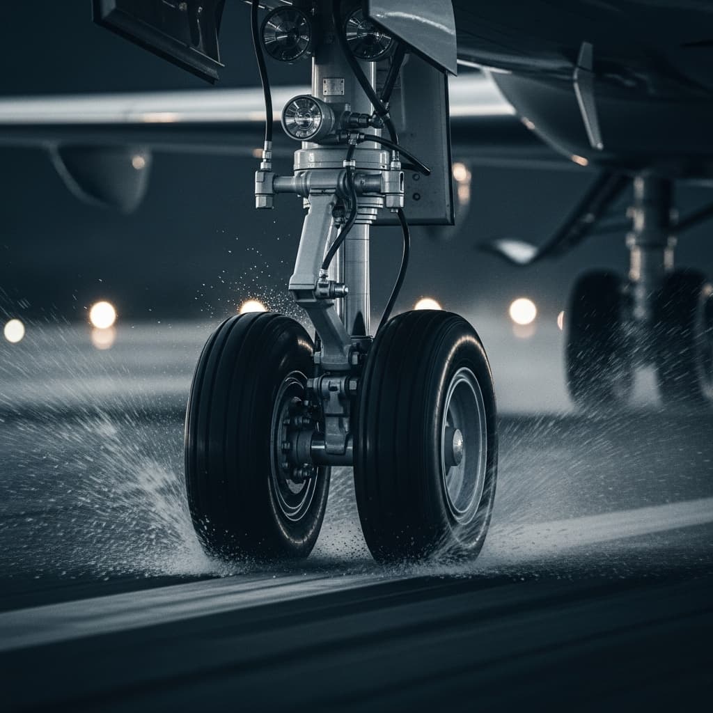 Close detail of business jet landing gear