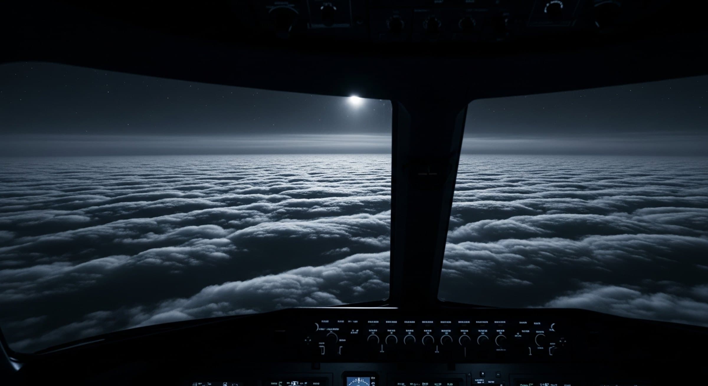 Cockpit view over moonlit clouds at cruise altitude