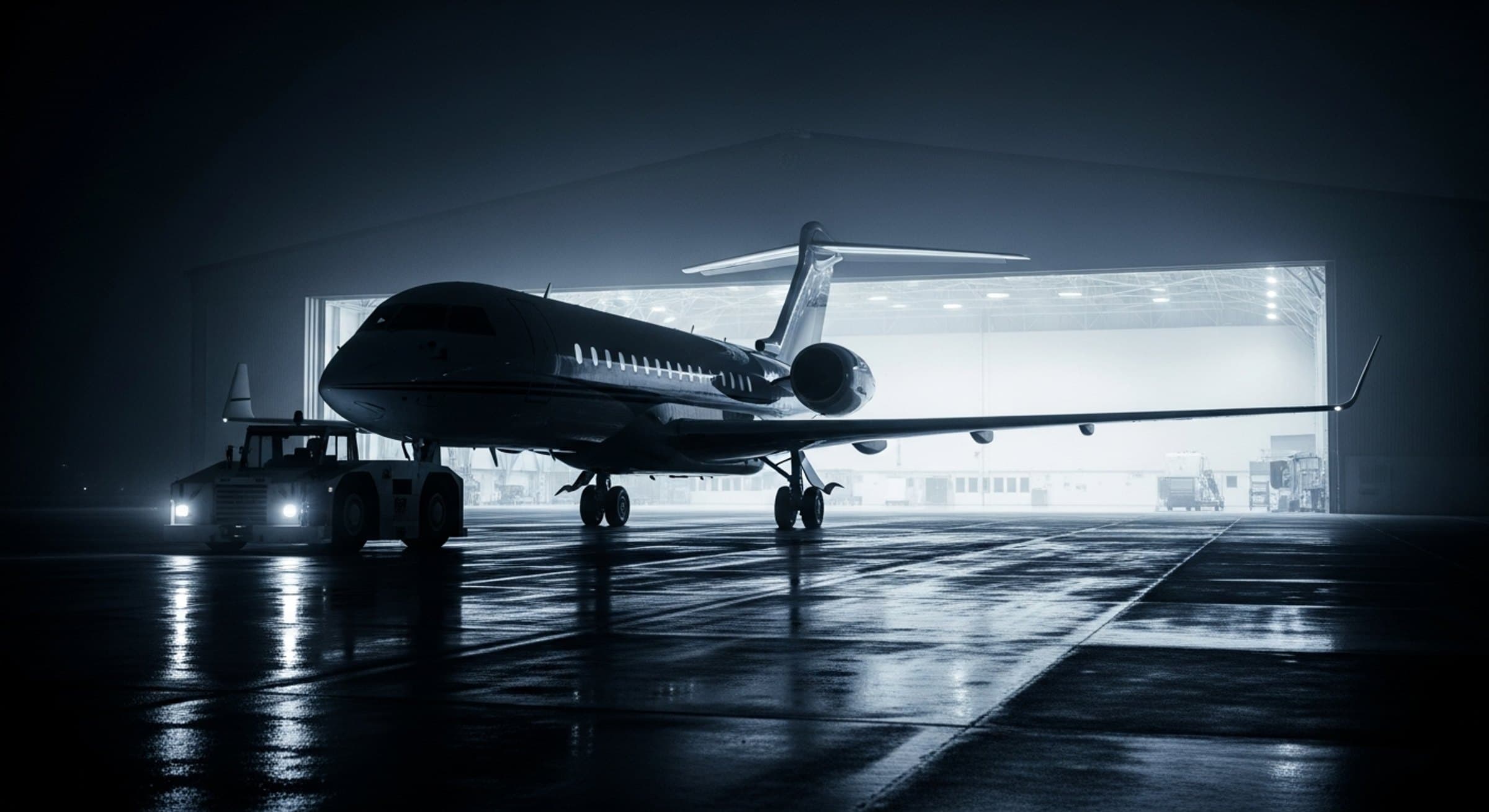 A business jet under tow from a private hangar at night