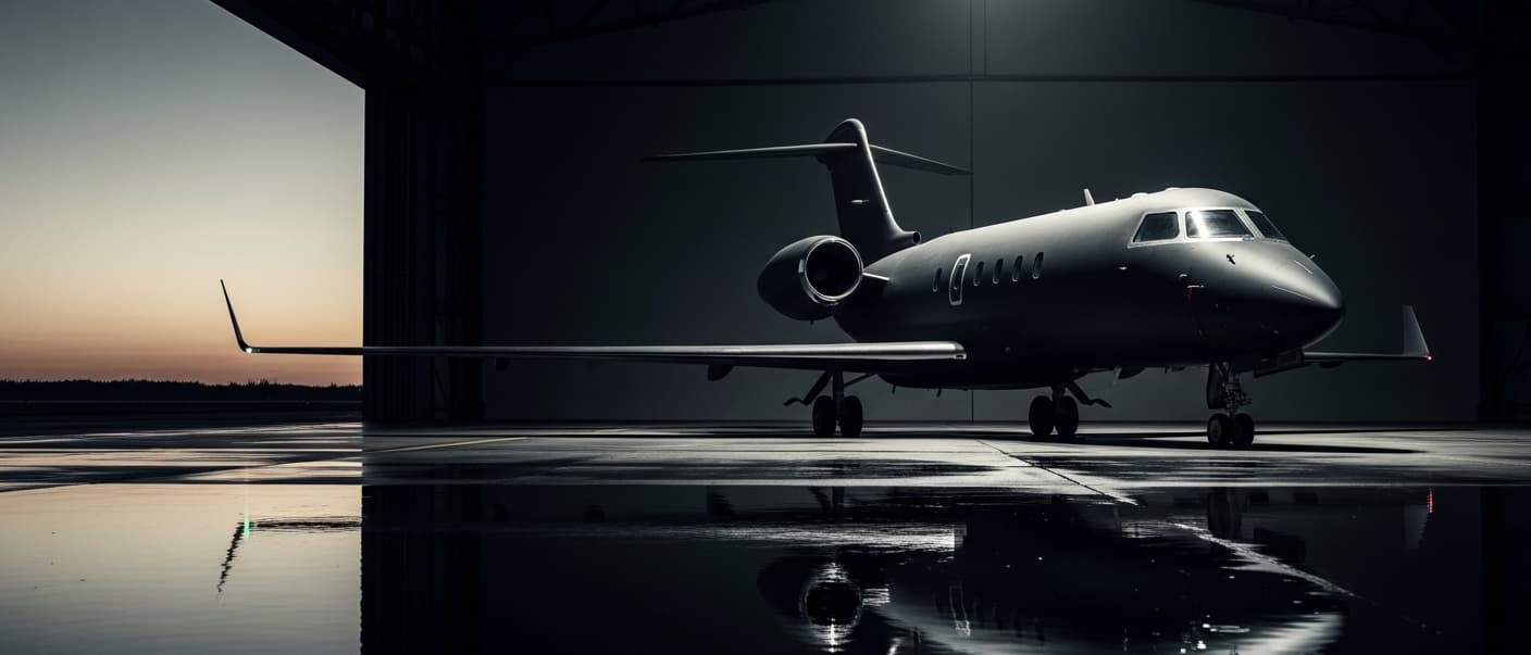A Falcon business jet on the ramp at night