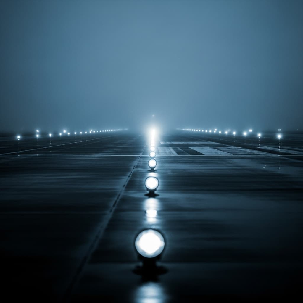 Runway lights stretching toward the horizon at dusk