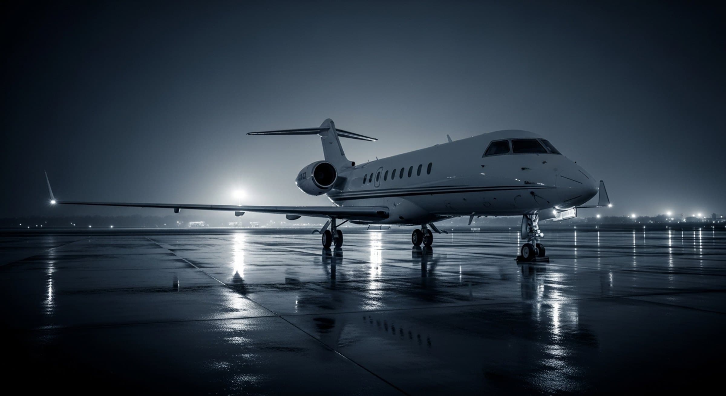Business jet nose-on on a wet ramp at night