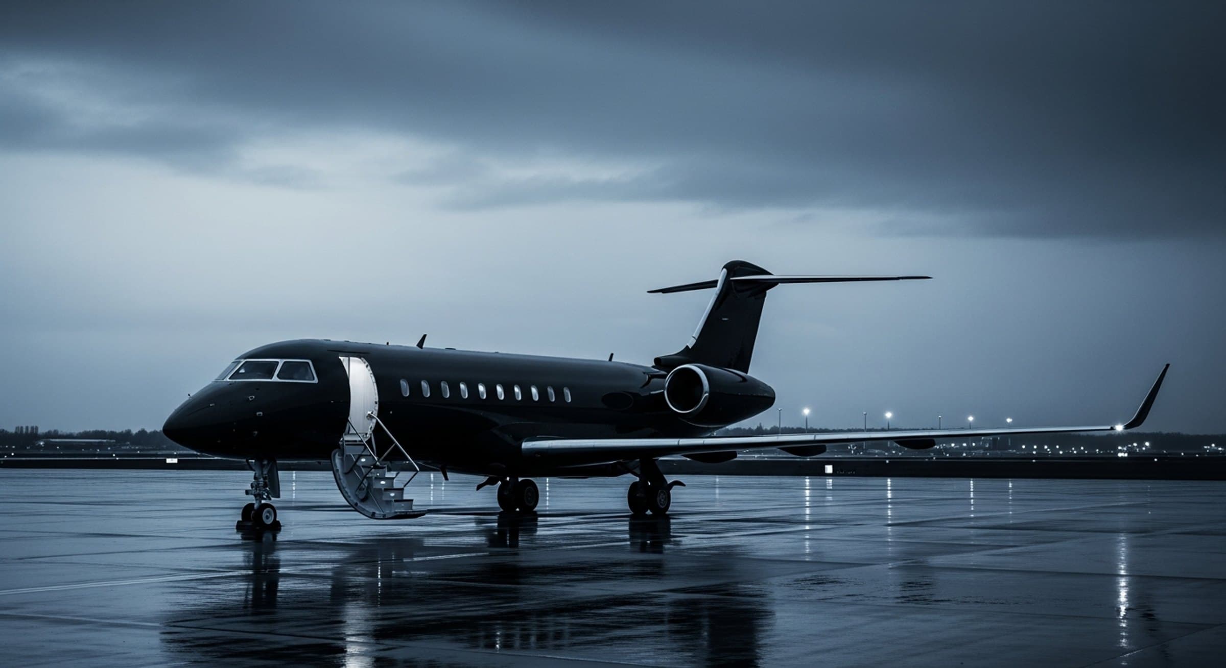Long-range business jet with its airstair open on a wet ramp at blue hour